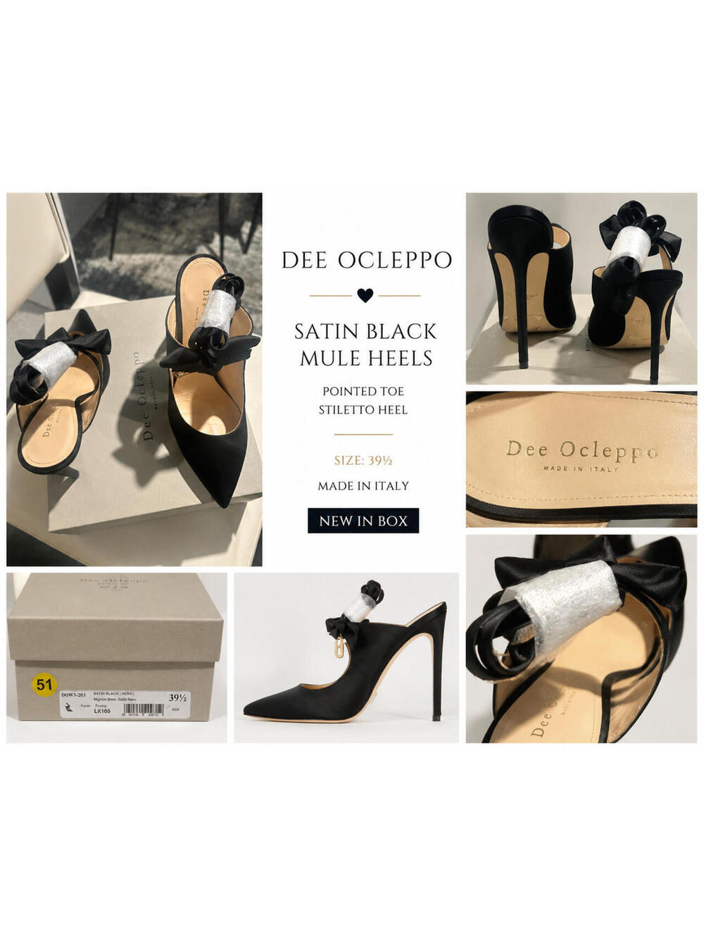 Dee Ocleppo Satin Black Mule Heels Size 39.5 Pointed Toe Stiletto Pumps NIB